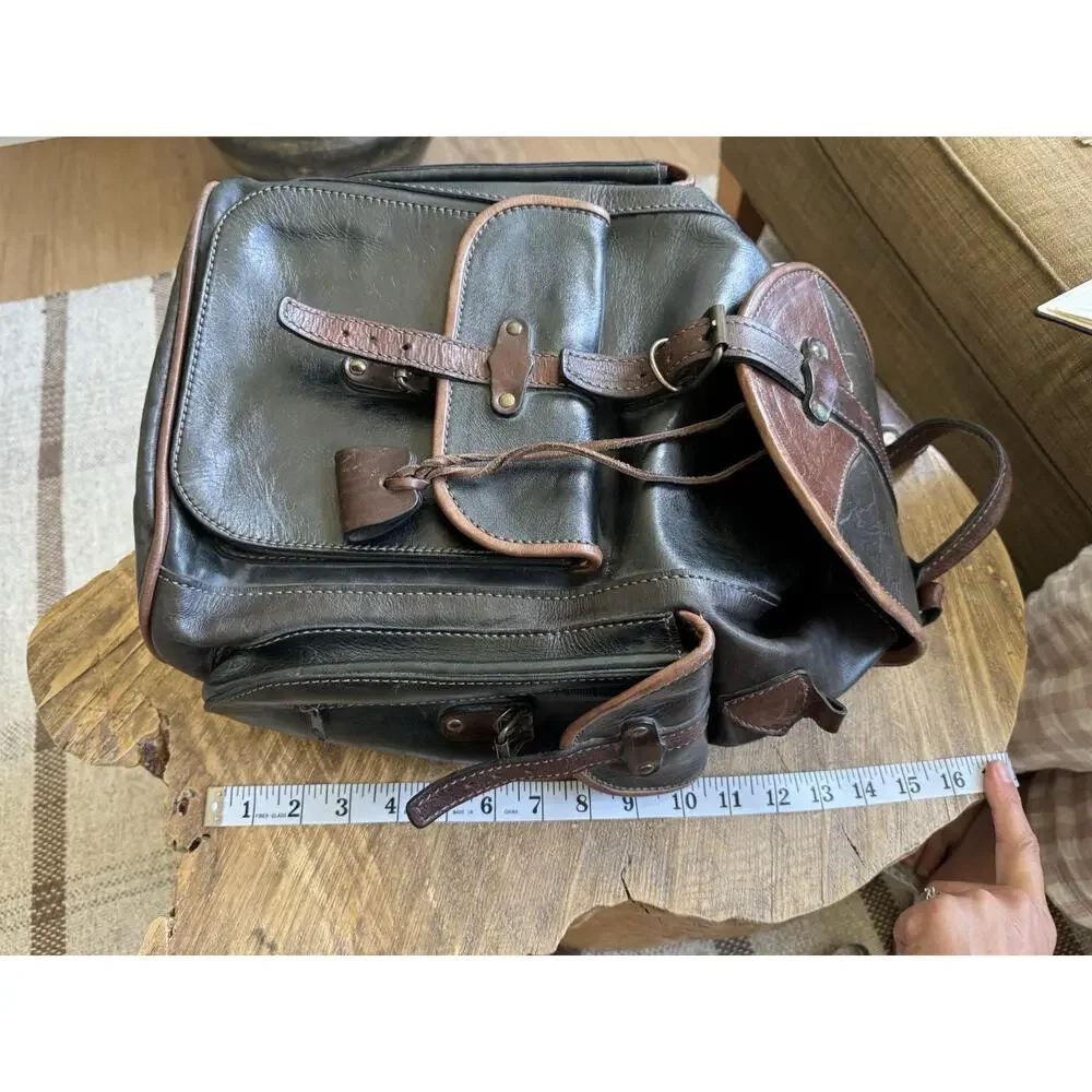 Vintage Leather Handmade Backpack Cinch Top Brown Green Gray
